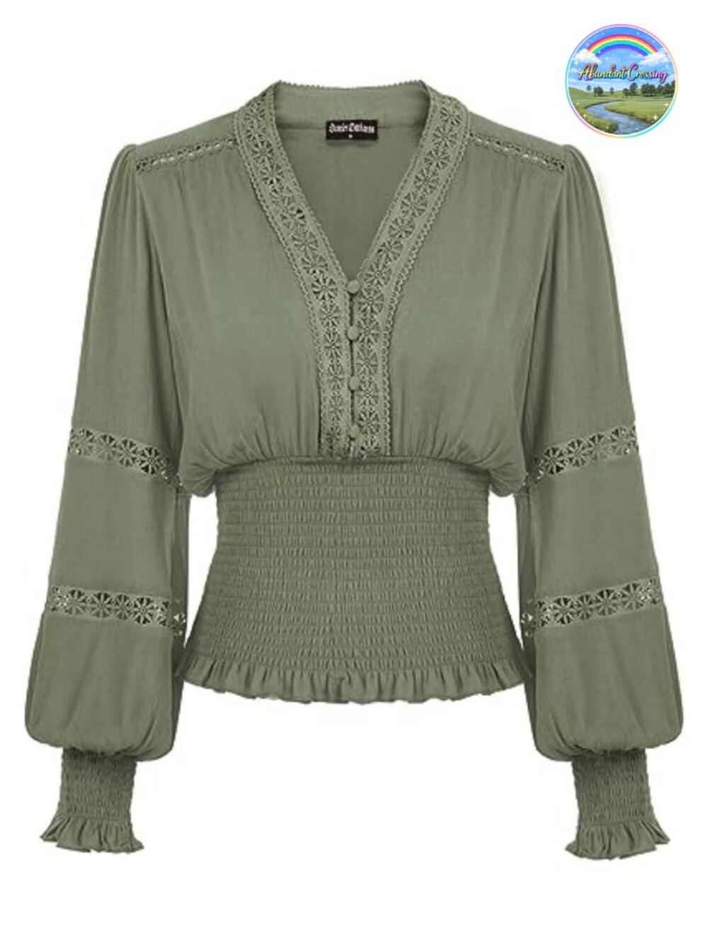 Renaissance Peasant Top Women Long Sleeve V Neck Lace Eyelet Smocked Waist